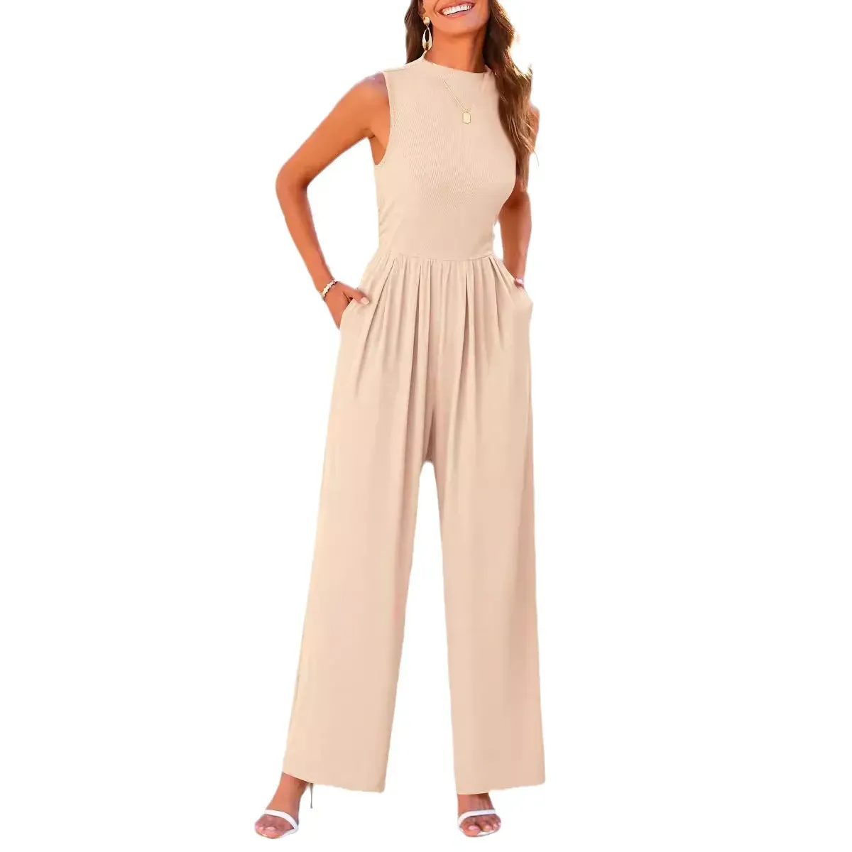 Thalia Sleeveless Ribbed Knit Gathered Wide Leg Jumpsuit