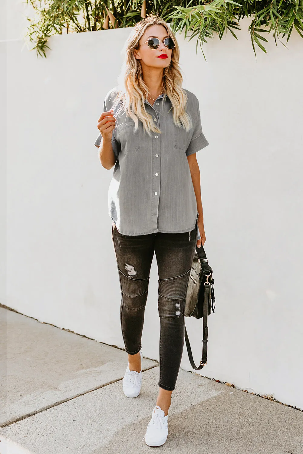 Turn-down Collar Short Sleeve Denim Shirt