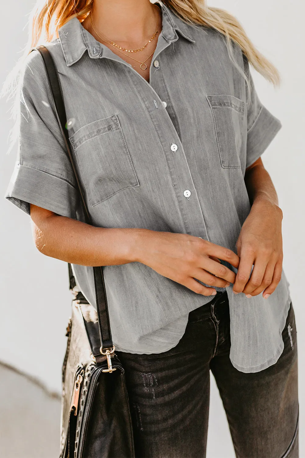 Turn-down Collar Short Sleeve Denim Shirt