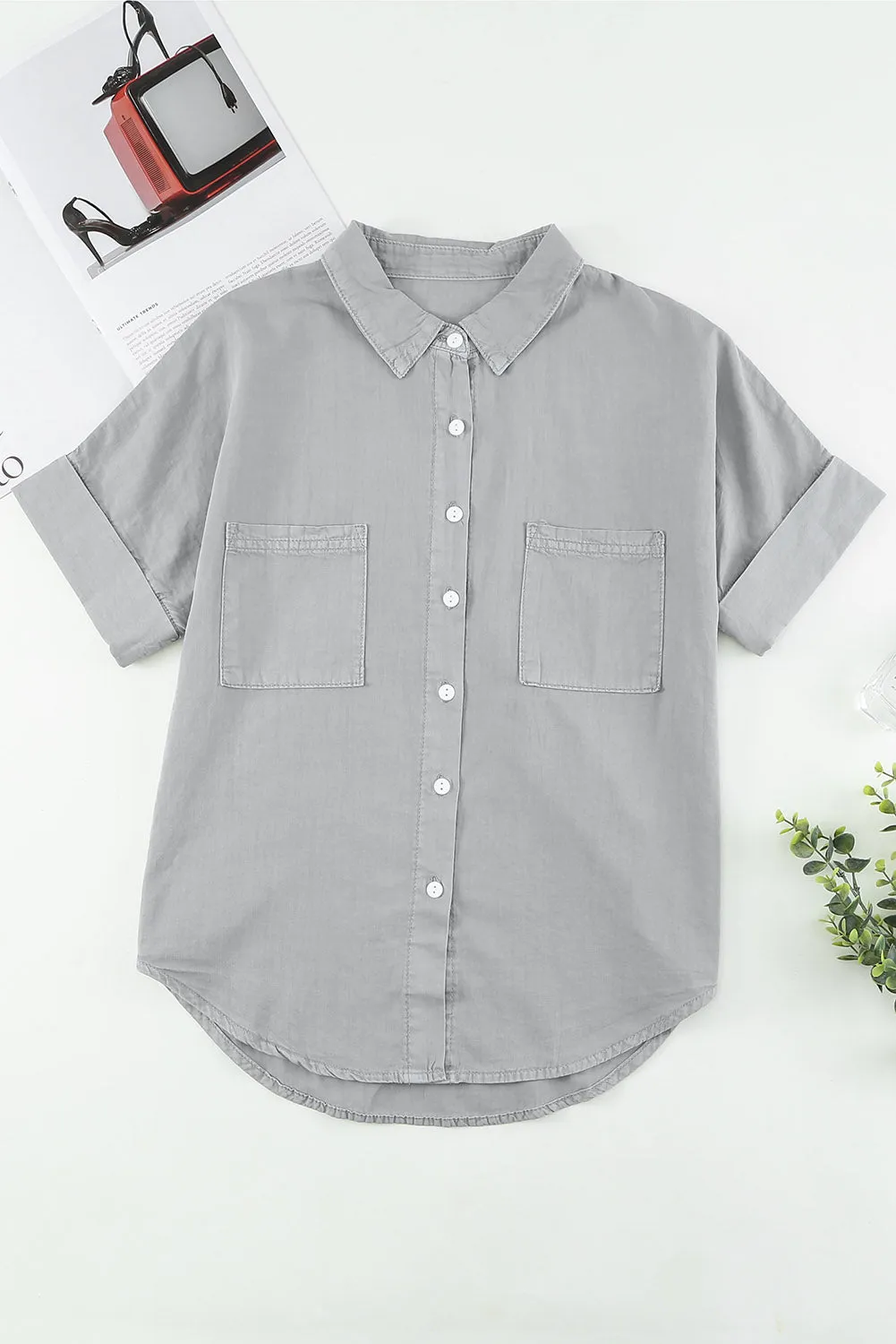 Turn-down Collar Short Sleeve Denim Shirt