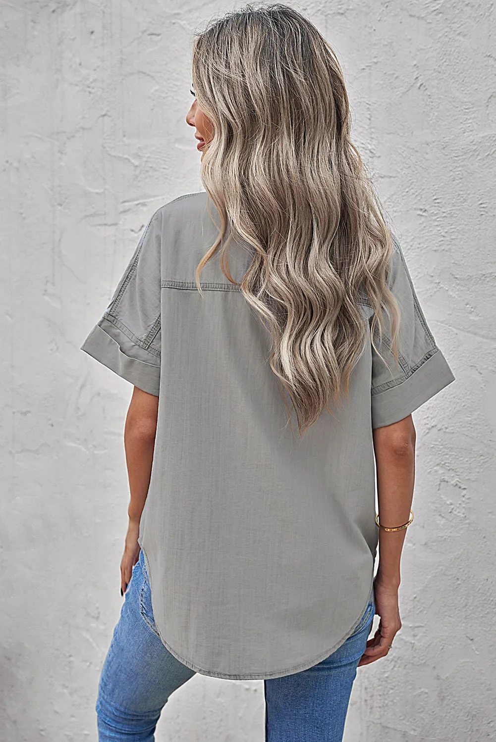 Turn-down Collar Short Sleeve Denim Shirt