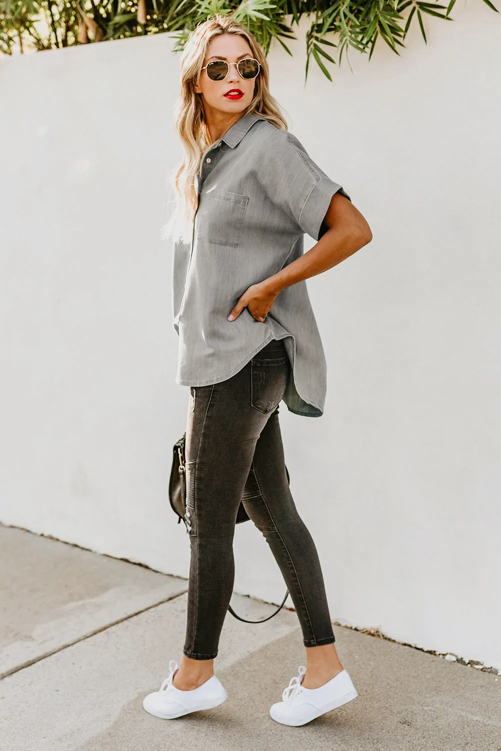 Turn-down Collar Short Sleeve Denim Shirt