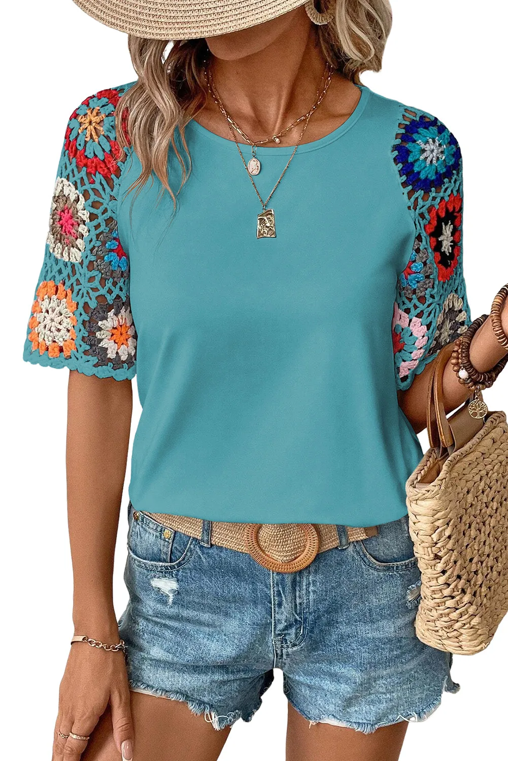 Turquoise Floral Crochet Short Sleeve Top