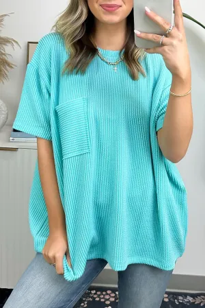 Turquoise Ribbed Knit Pocketed Loose Fit Crew Neck T Shirt
