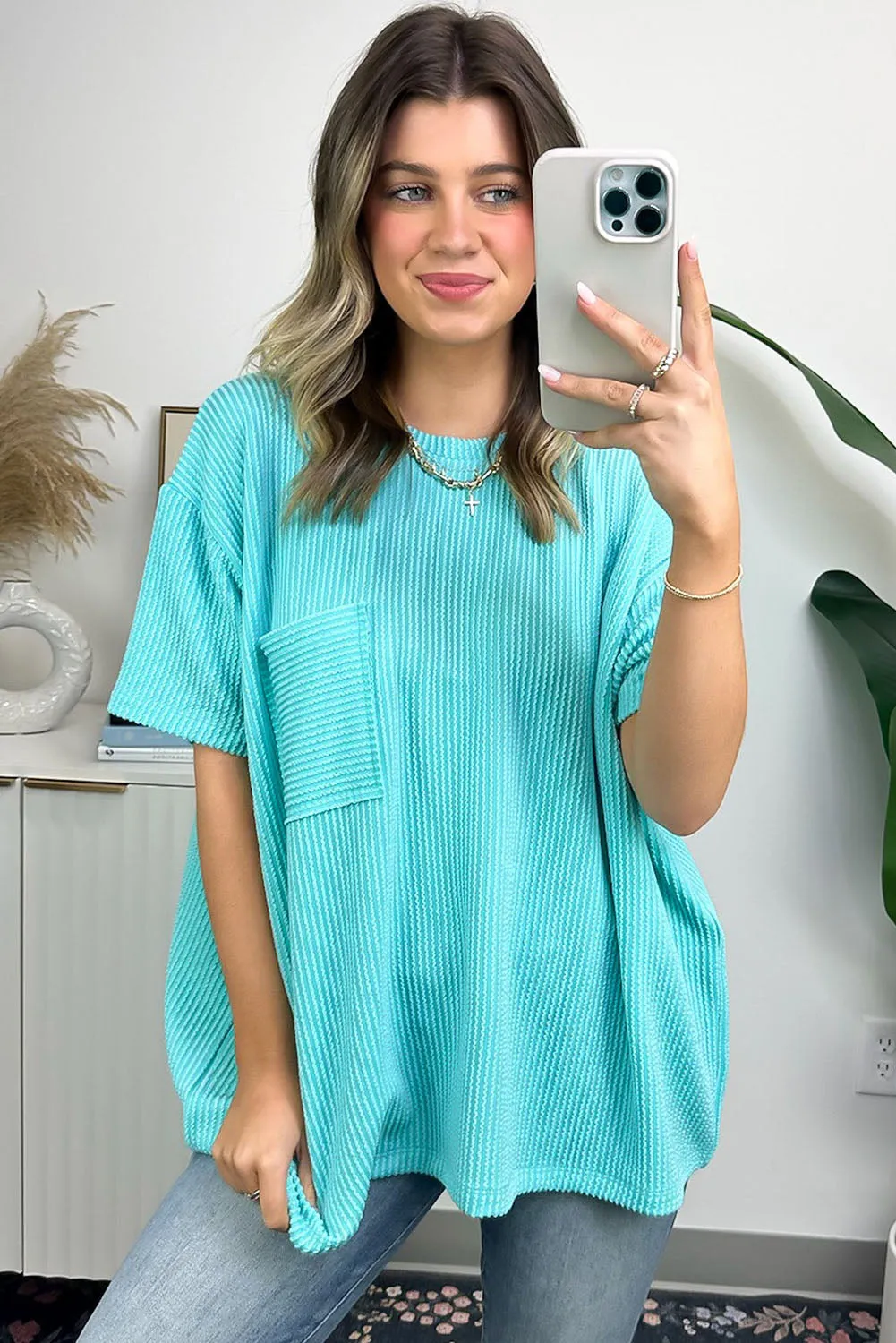 Turquoise Ribbed Knit Pocketed Loose Fit Crew Neck T Shirt