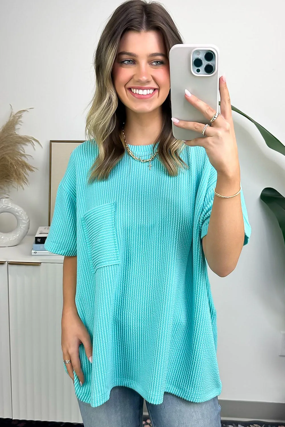 Turquoise Ribbed Knit Pocketed Loose Fit Crew Neck T Shirt