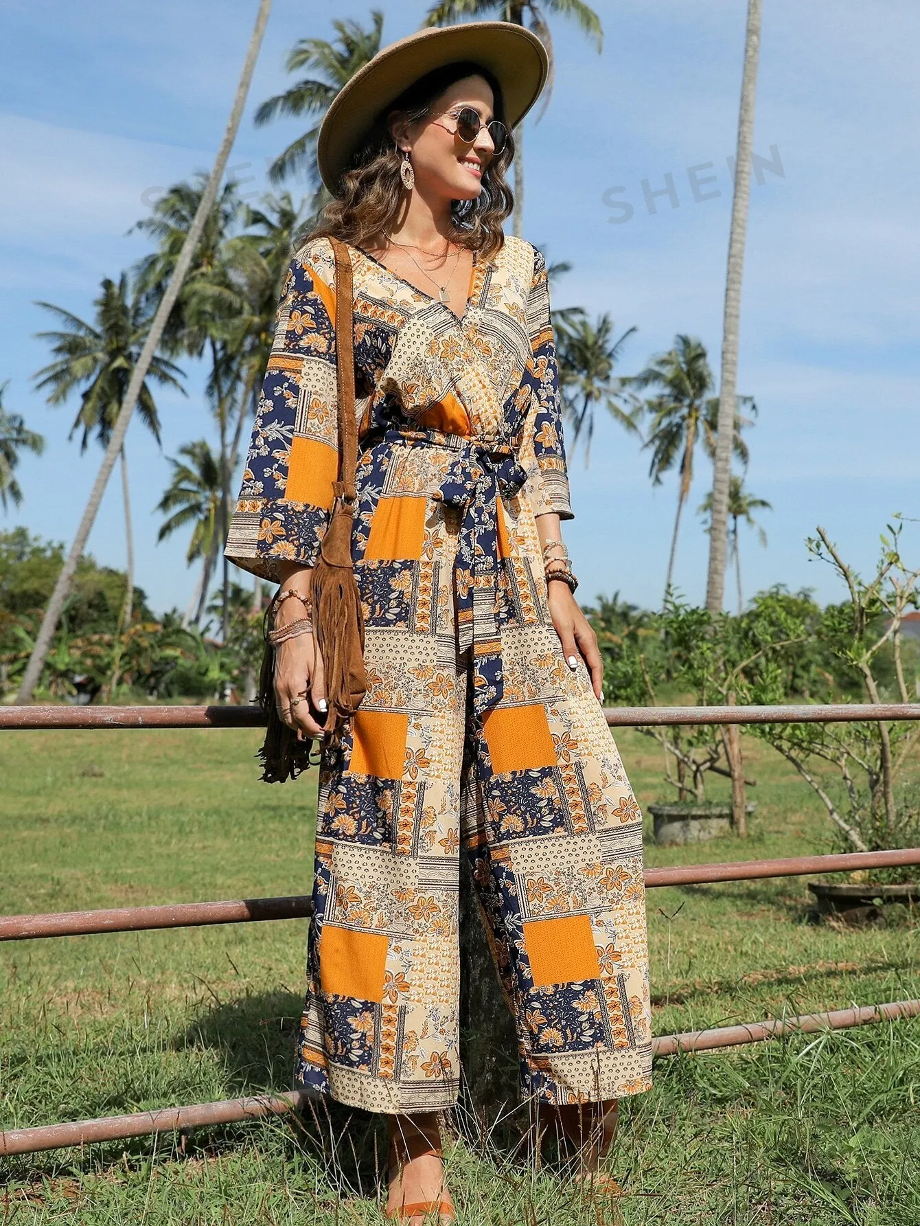 VCAY Patchwork Print Belted Wide Leg Jumpsuit