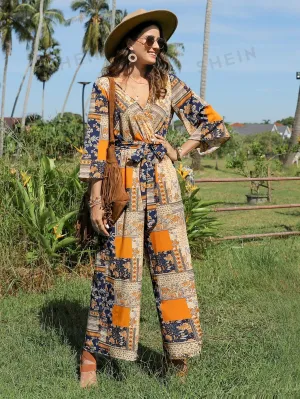 VCAY Patchwork Print Belted Wide Leg Jumpsuit