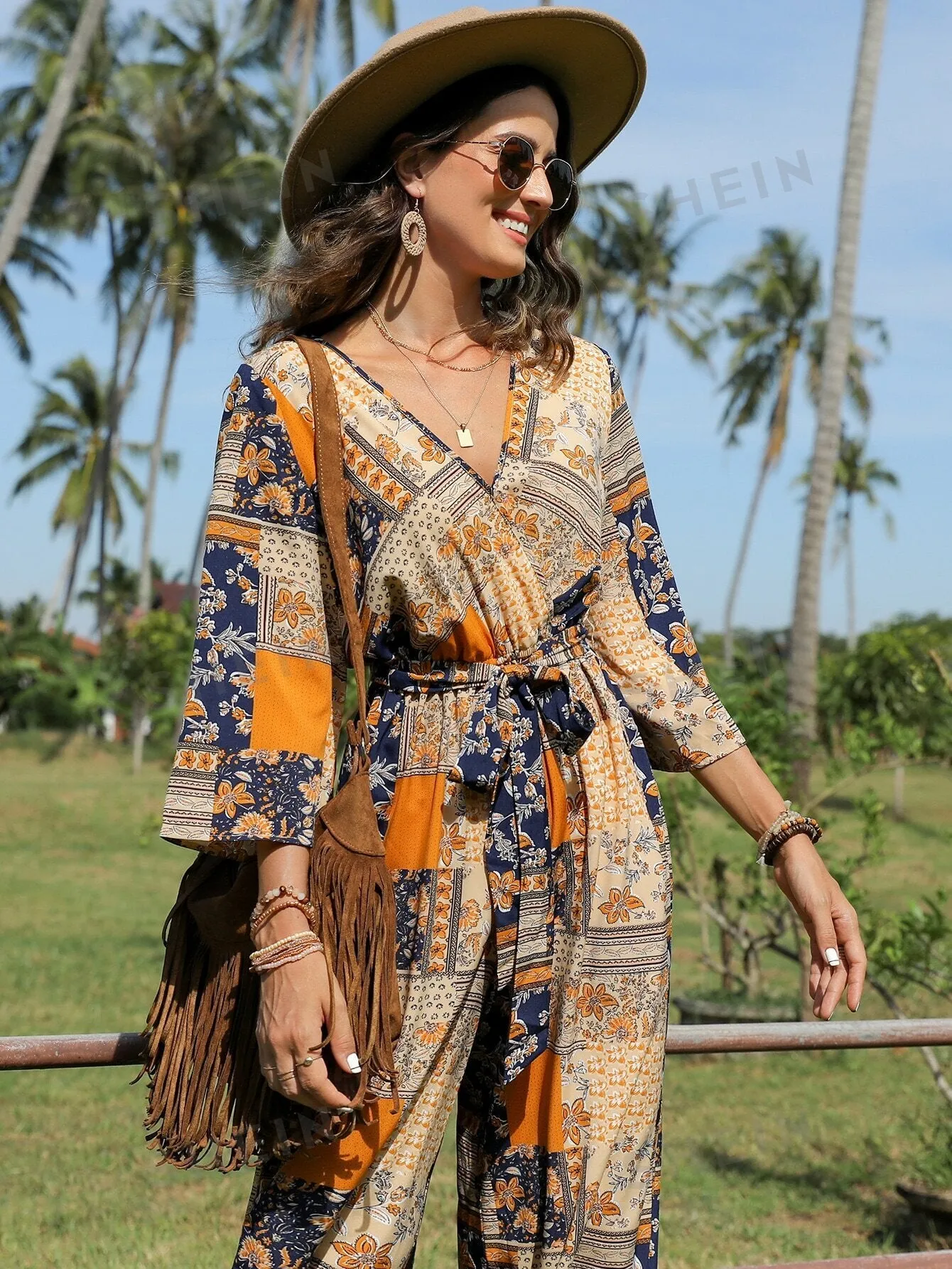 VCAY Patchwork Print Belted Wide Leg Jumpsuit