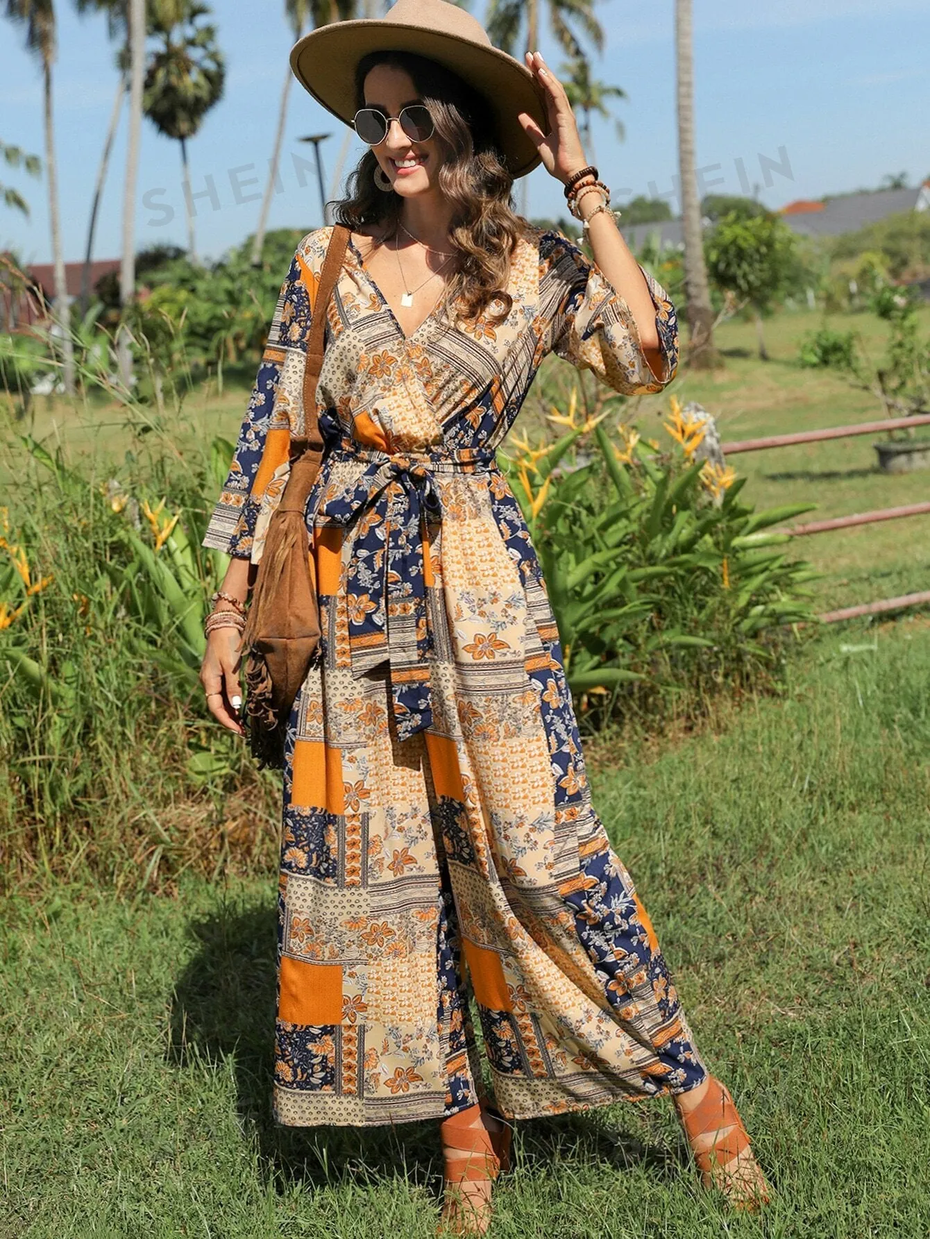 VCAY Patchwork Print Belted Wide Leg Jumpsuit