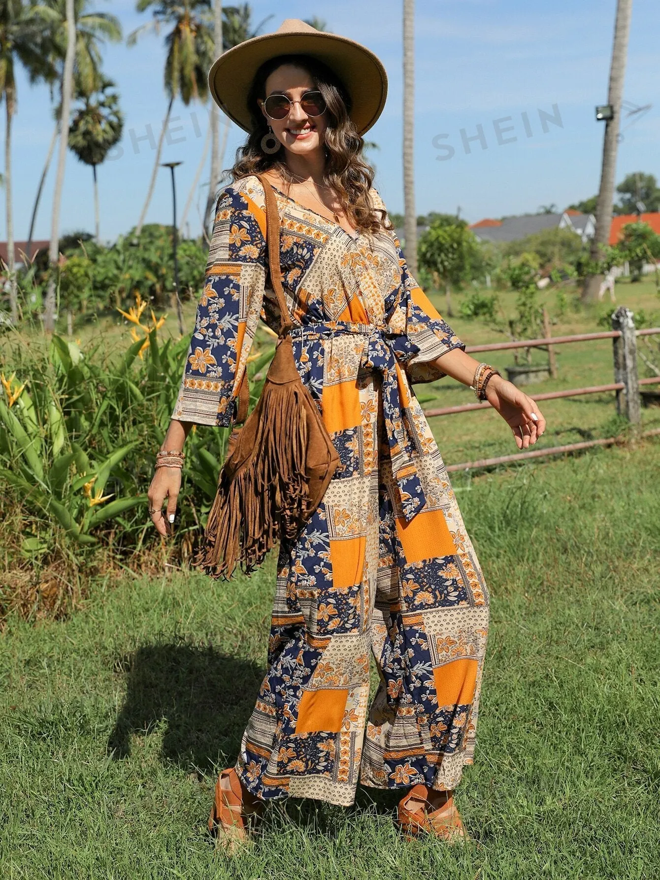 VCAY Patchwork Print Belted Wide Leg Jumpsuit