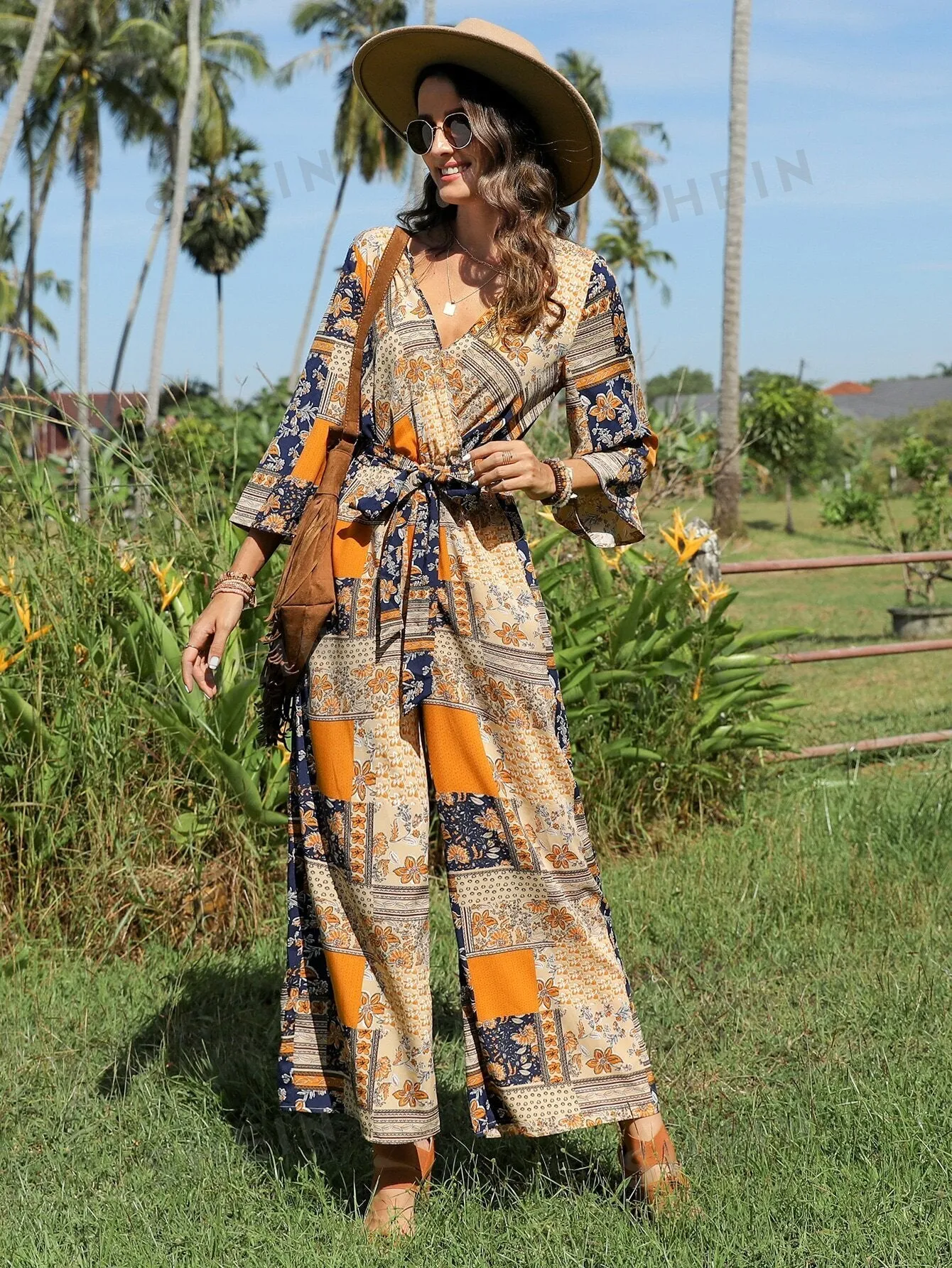 VCAY Patchwork Print Belted Wide Leg Jumpsuit