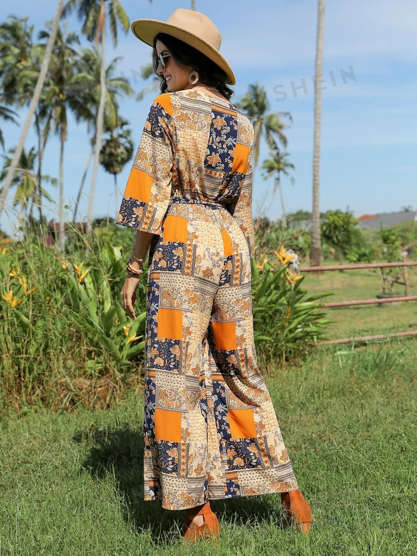 VCAY Patchwork Print Belted Wide Leg Jumpsuit