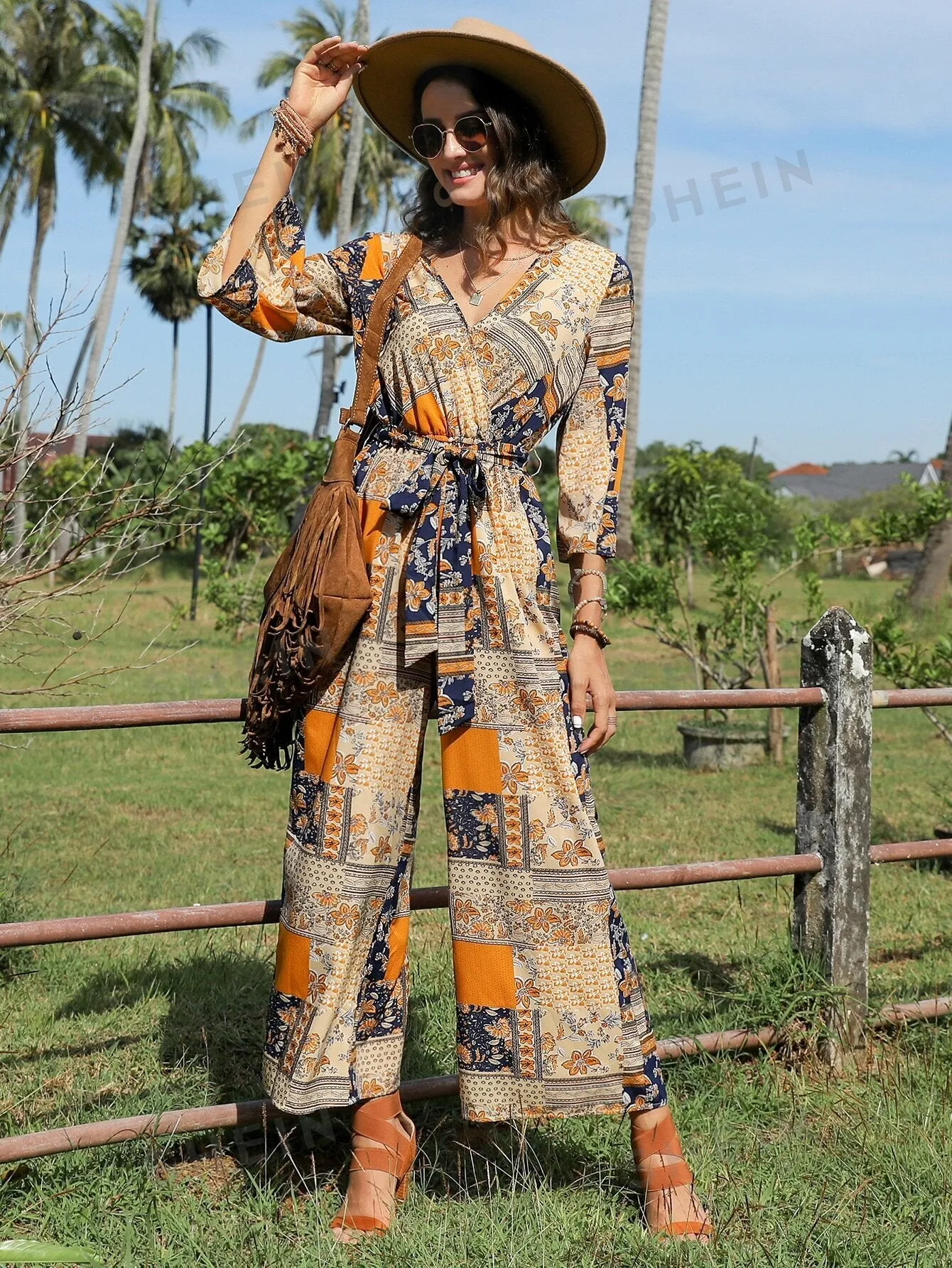 VCAY Patchwork Print Belted Wide Leg Jumpsuit