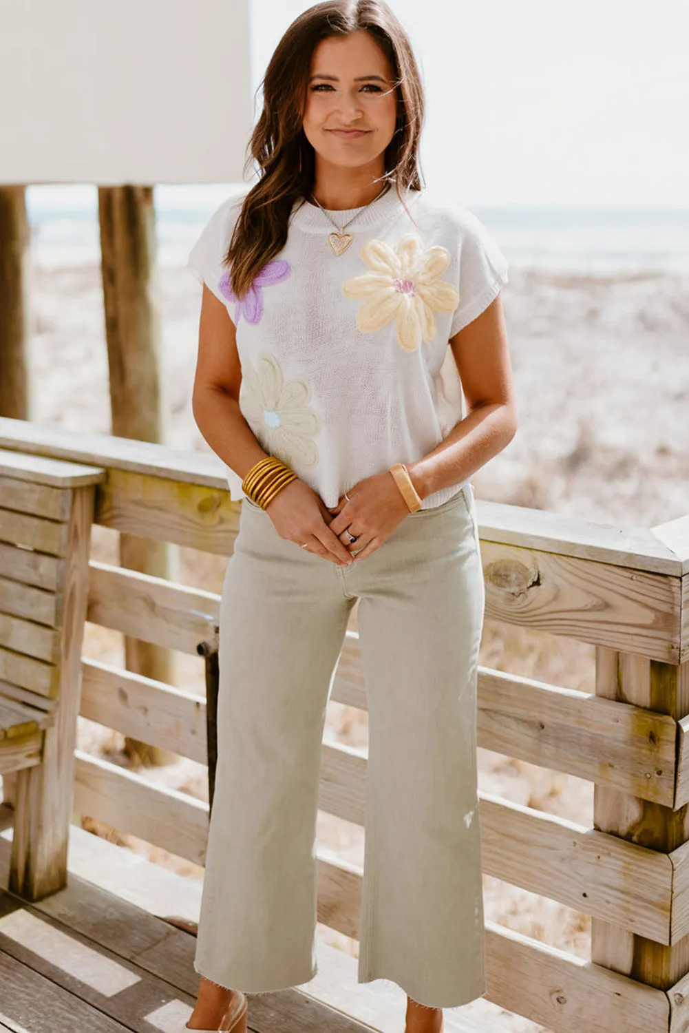White Big Flower Knit Short Sleeve Sweater
