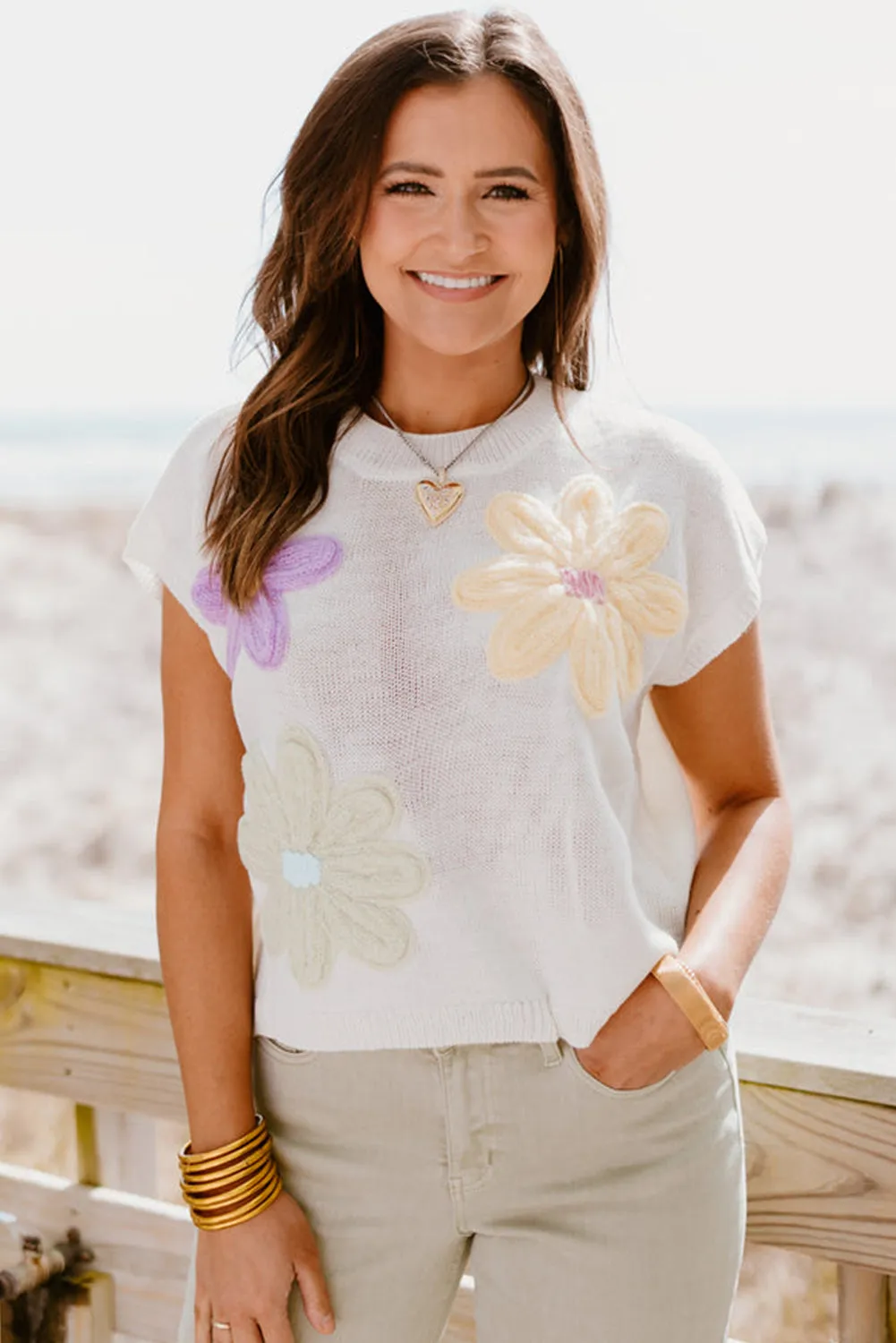 White Big Flower Knit Short Sleeve Sweater