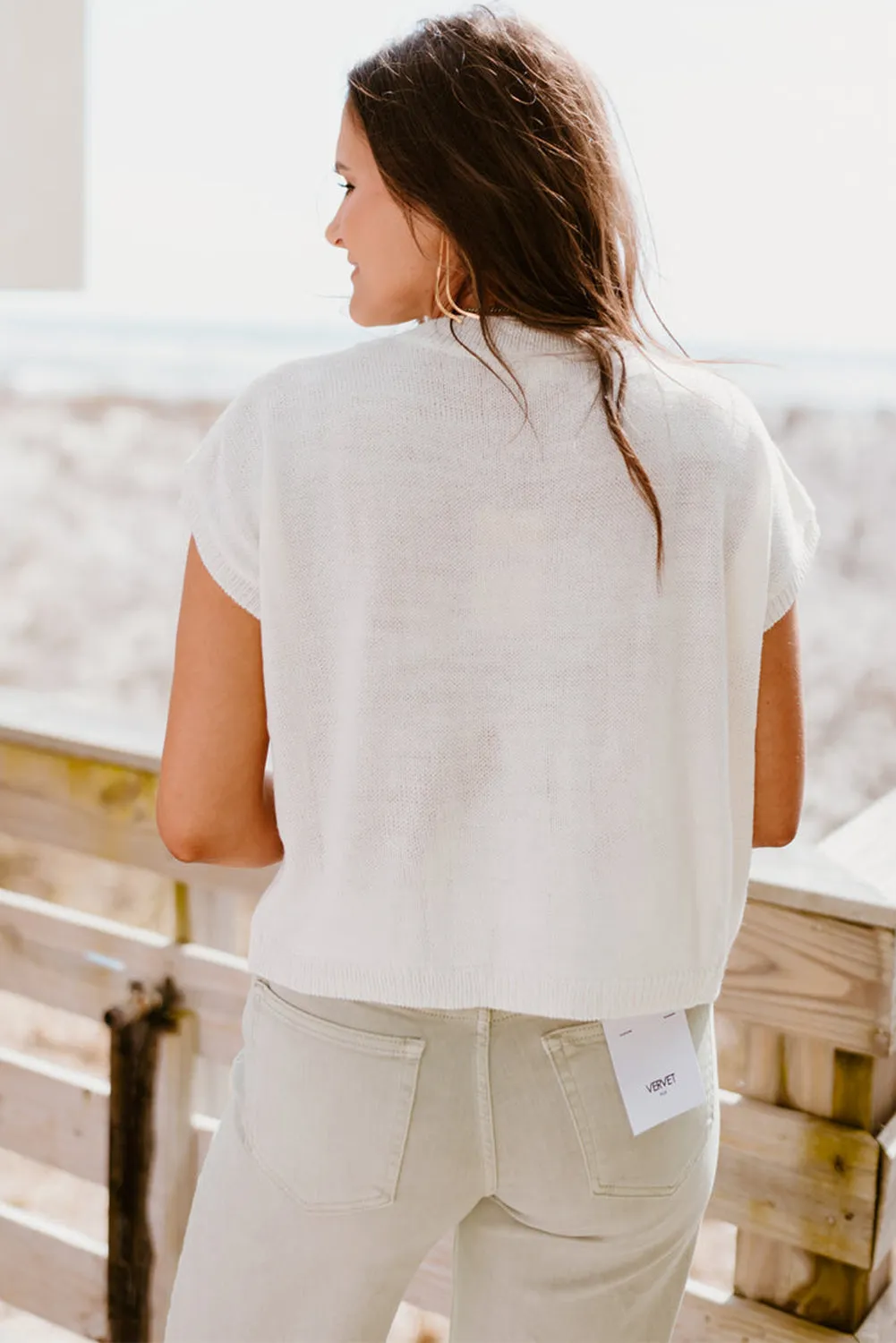 White Big Flower Knit Short Sleeve Sweater