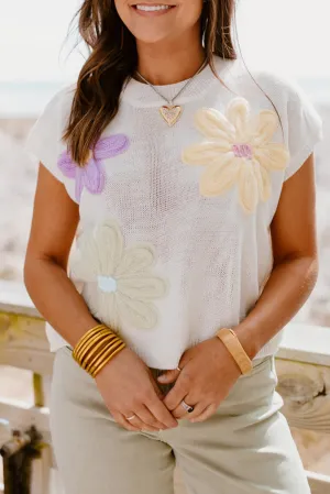 White Big Flower Knit Short Sleeve Sweater
