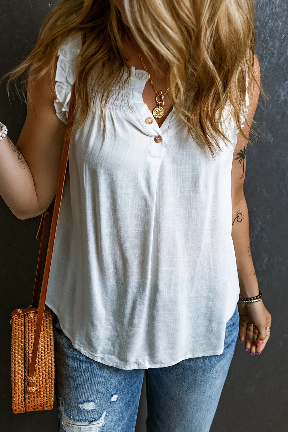 White Button Split Neck Frilly Detail Sleeveless Top