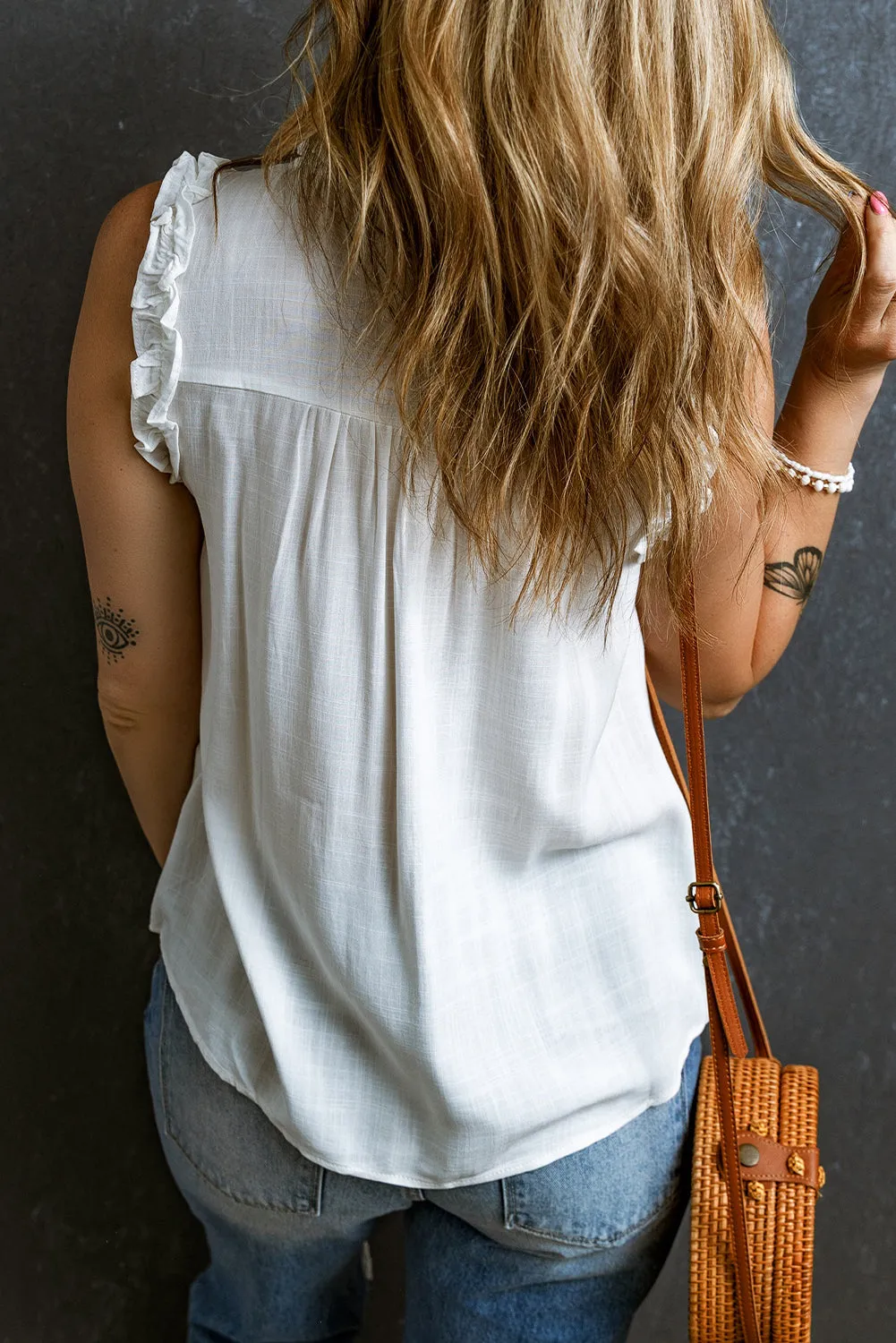 White Button Split Neck Frilly Detail Sleeveless Top