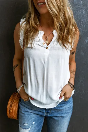 White Button Split Neck Frilly Detail Sleeveless Top