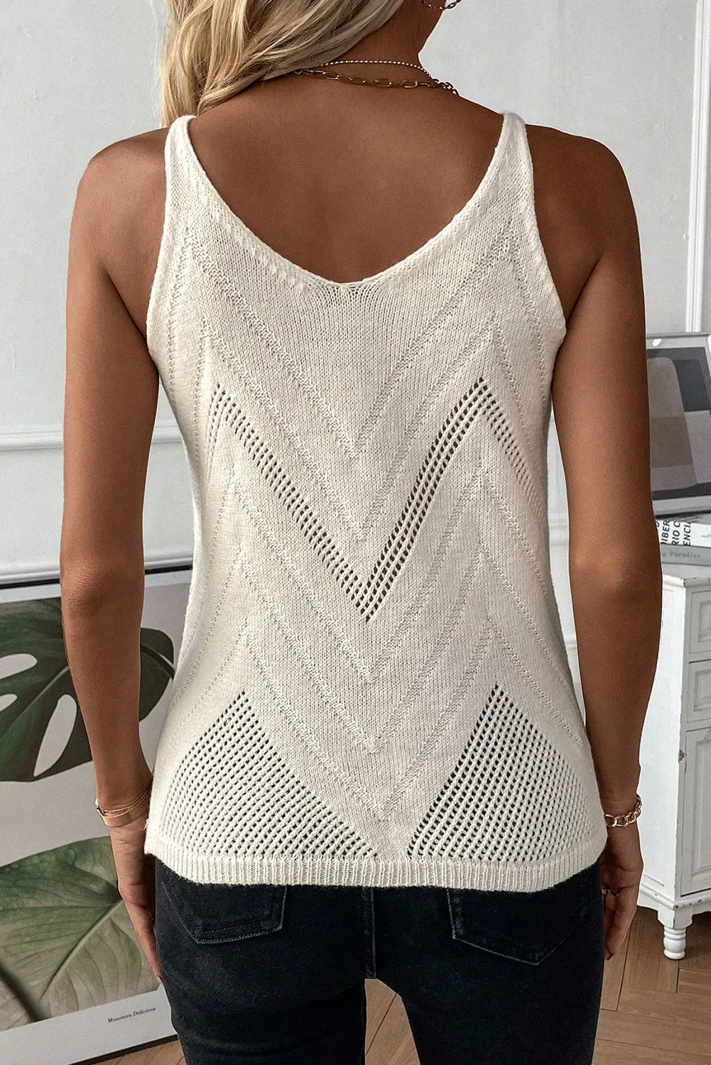 White Chevron Pointelle Knit Spaghetti Straps Sweater Vest
