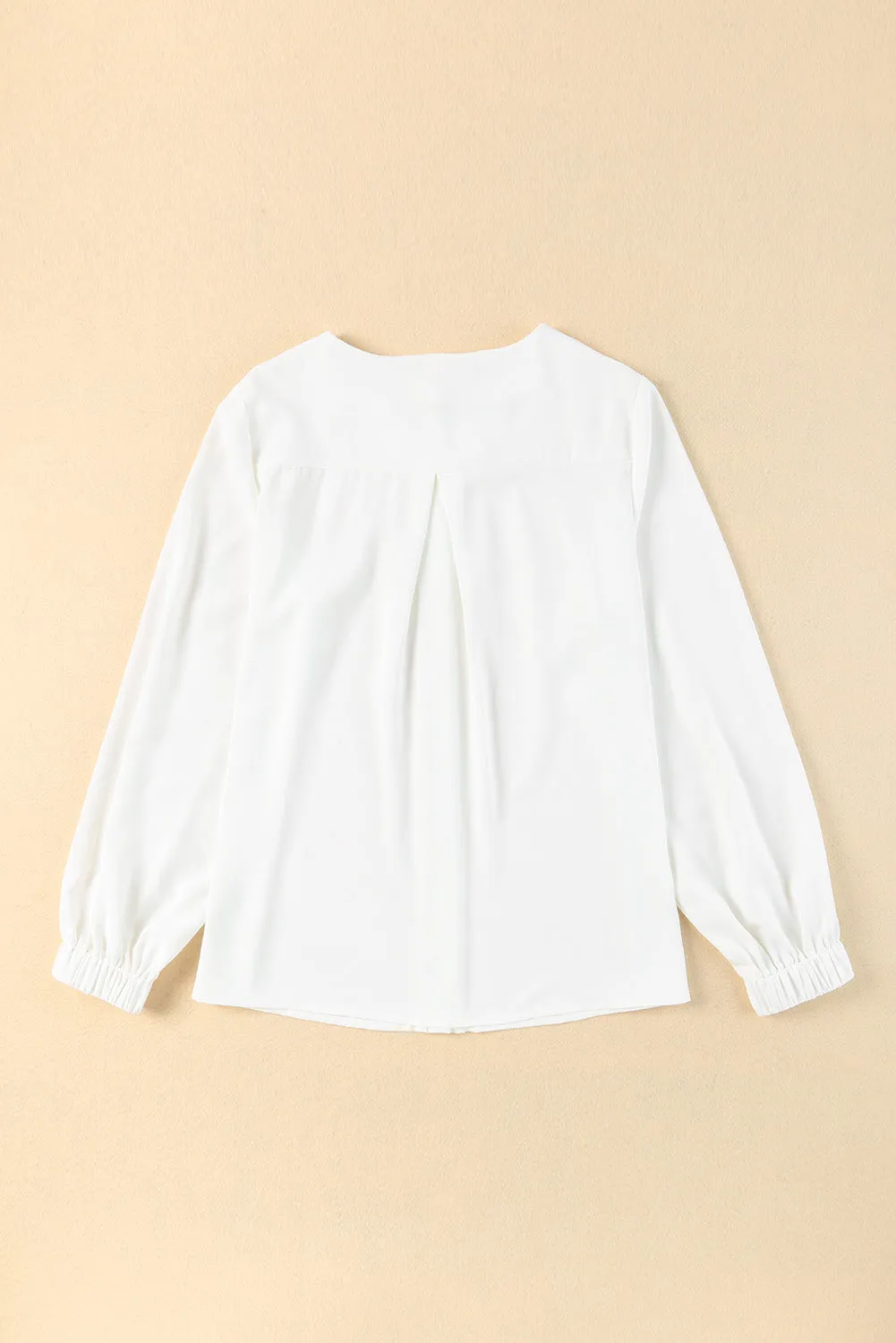 White Crew Neck Gathered Stretch Cuff Shirt