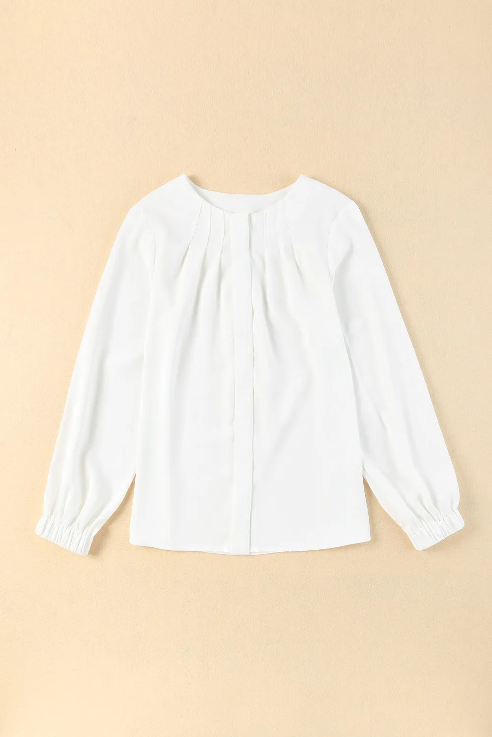White Crew Neck Gathered Stretch Cuff Shirt