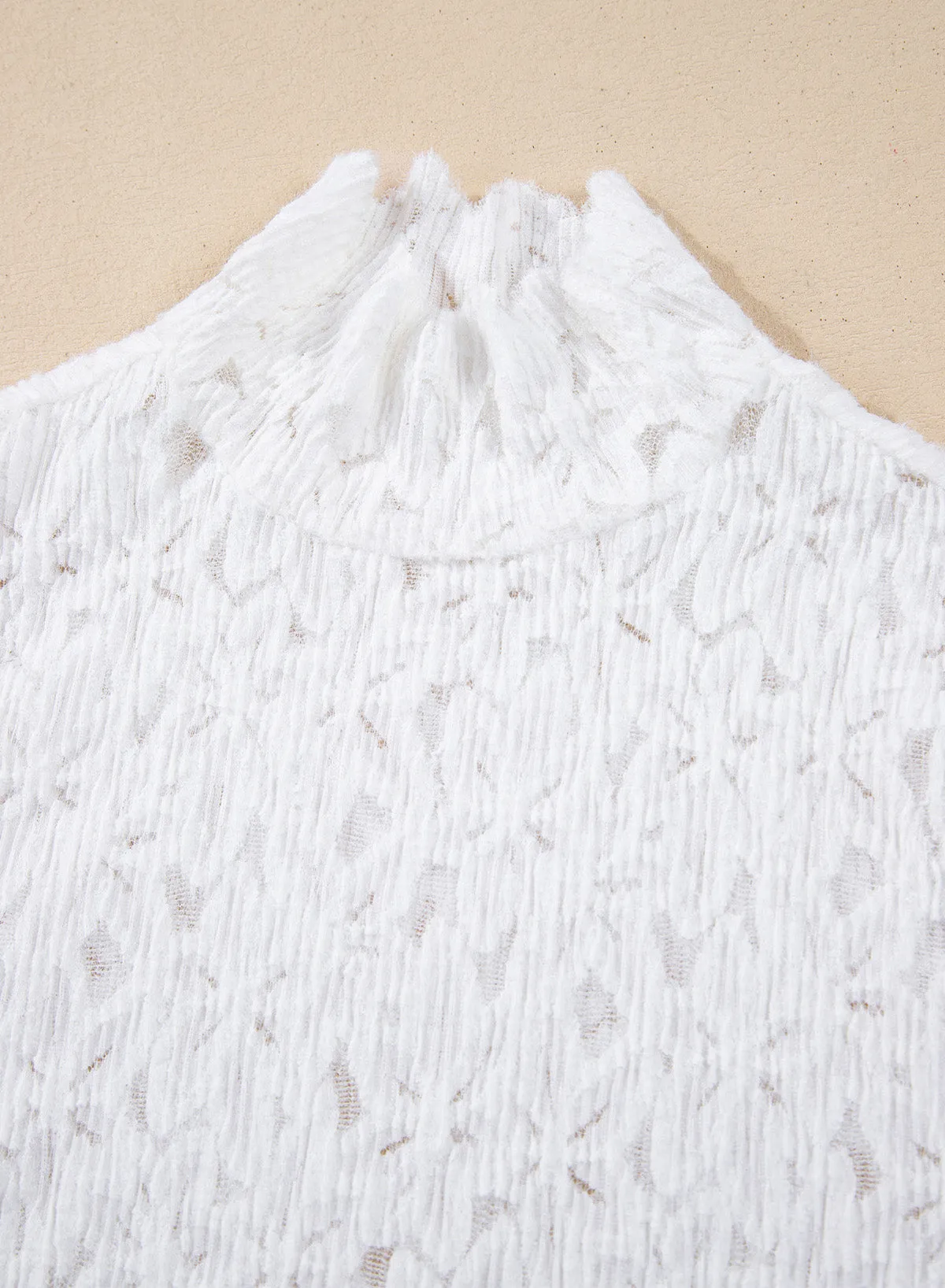 White Flower Lace See Through Mock Neck Long Sleeve Top