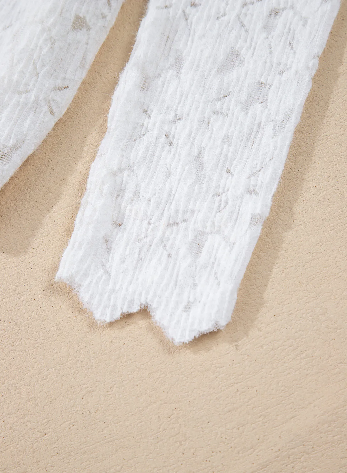 White Flower Lace See Through Mock Neck Long Sleeve Top