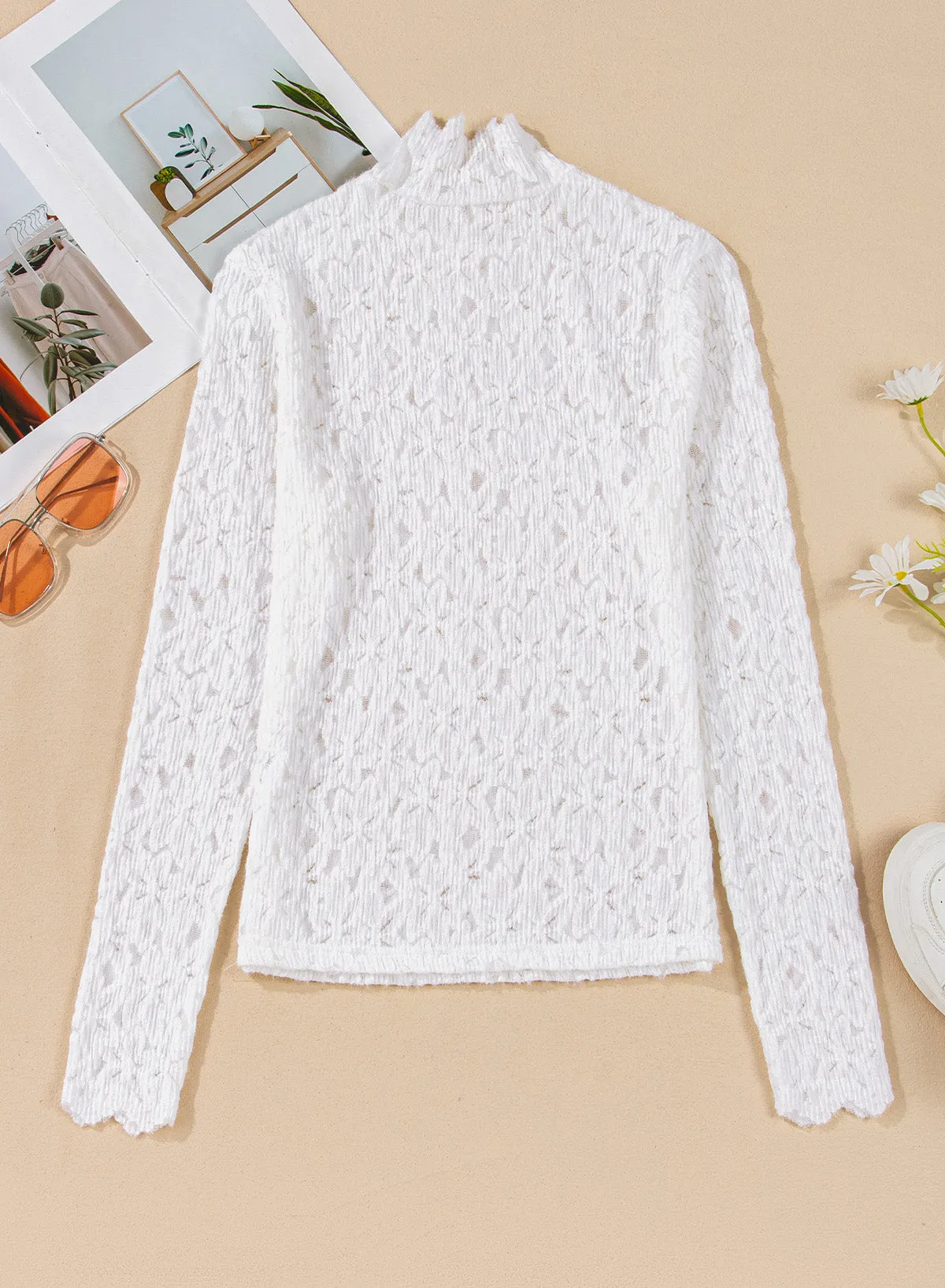 White Flower Lace See Through Mock Neck Long Sleeve Top