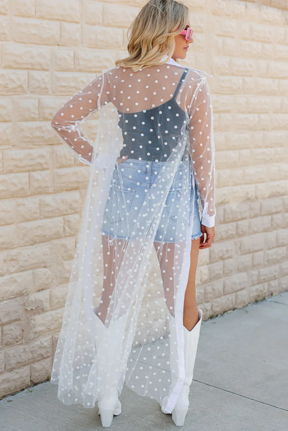 White Polka Dot Print Collared Buttoned Mesh Duster Kimono