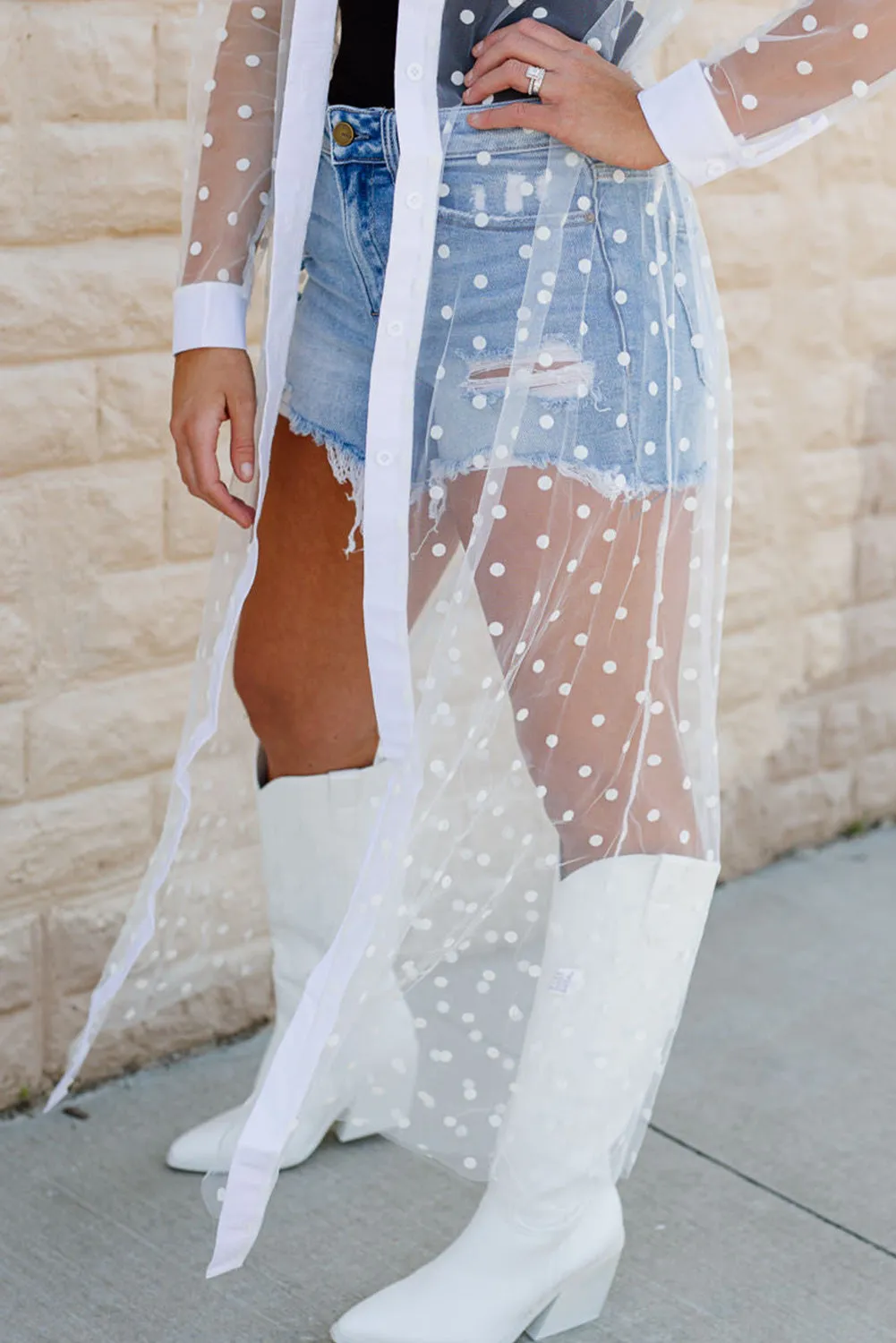 White Polka Dot Print Collared Buttoned Mesh Duster Kimono