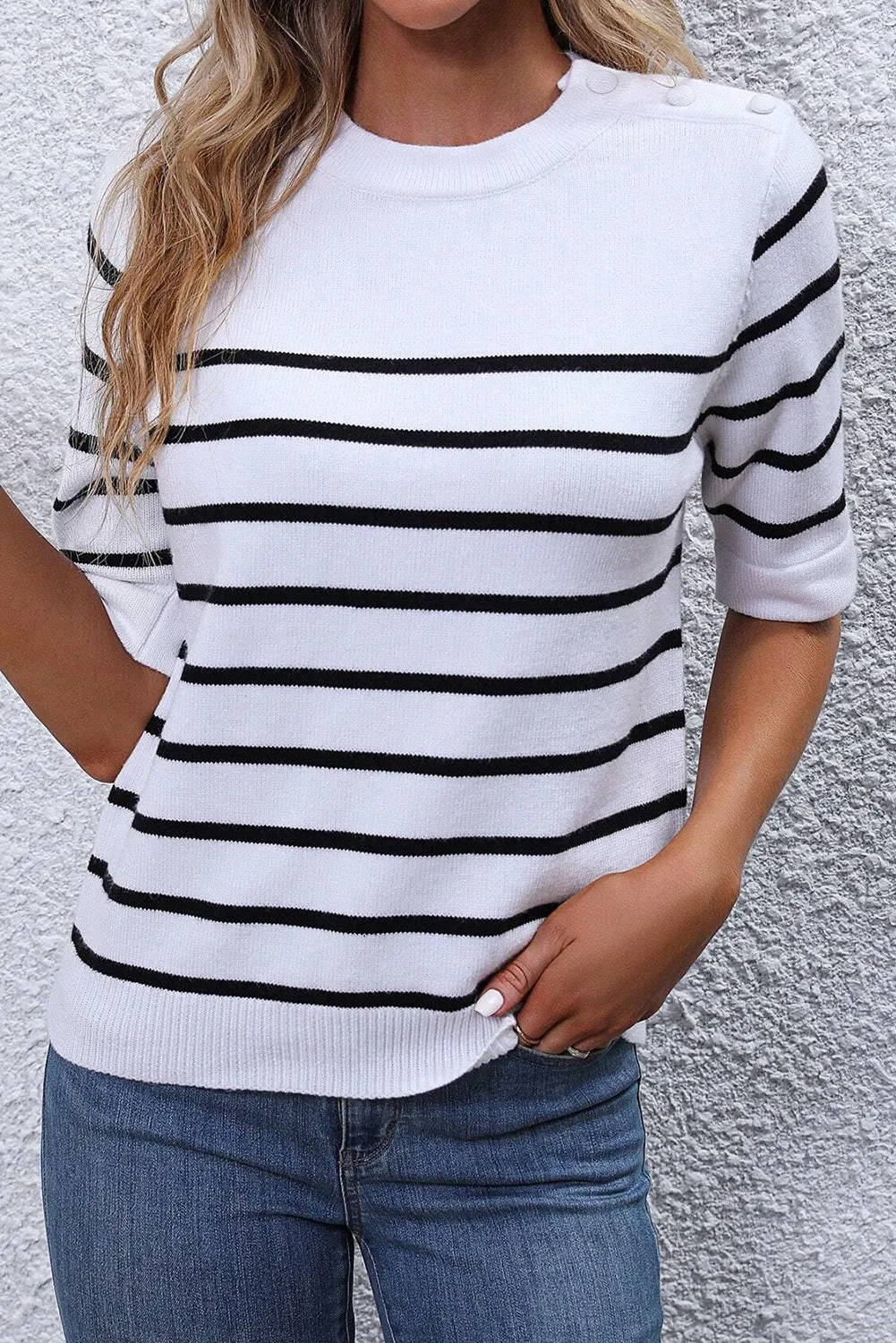 White Stripe Half Sleeve Knitted Sweater Tee