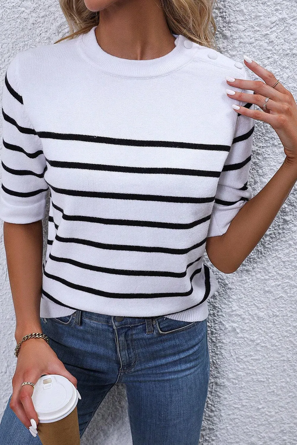 White Stripe Half Sleeve Knitted Sweater Tee
