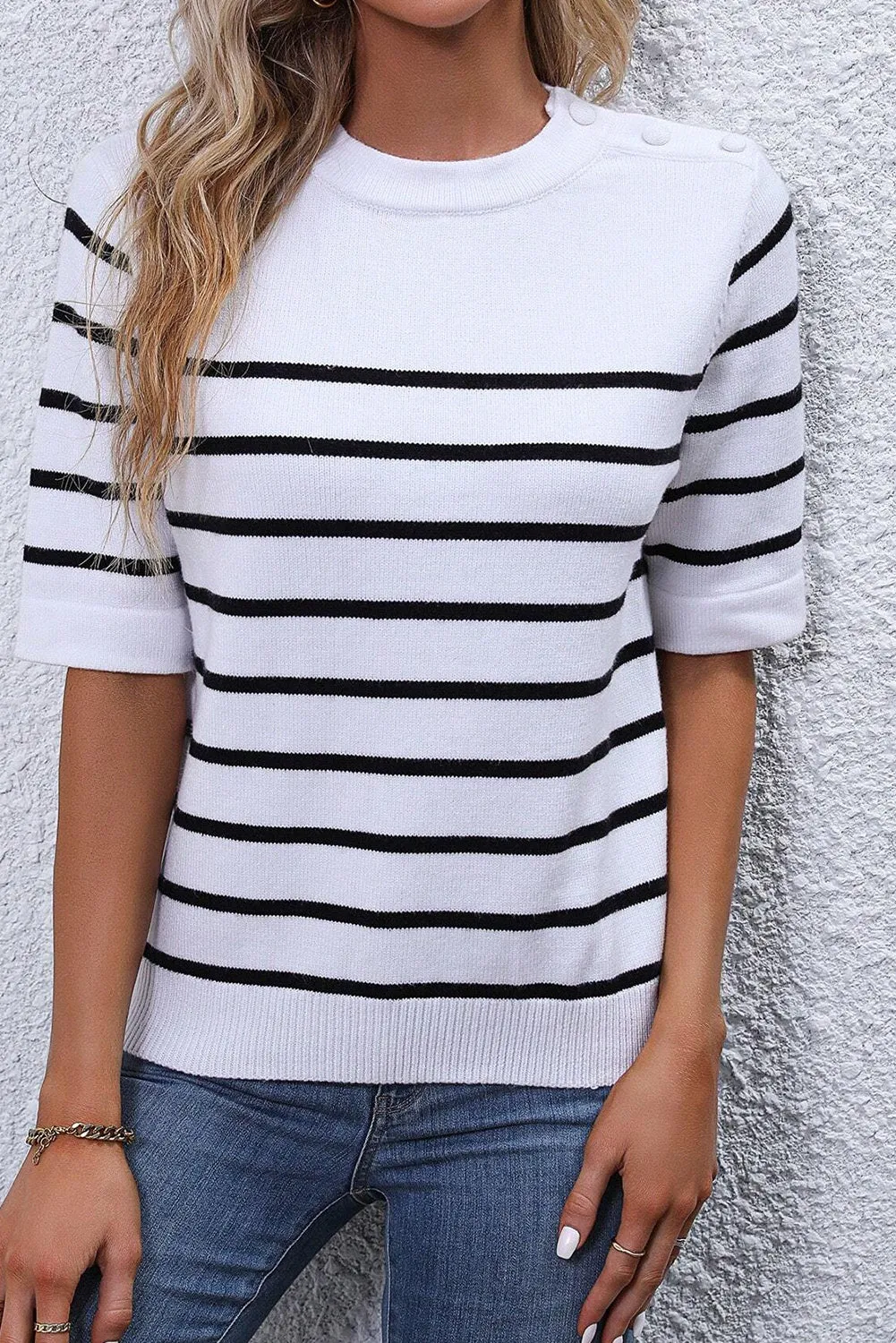 White Stripe Half Sleeve Knitted Sweater Tee