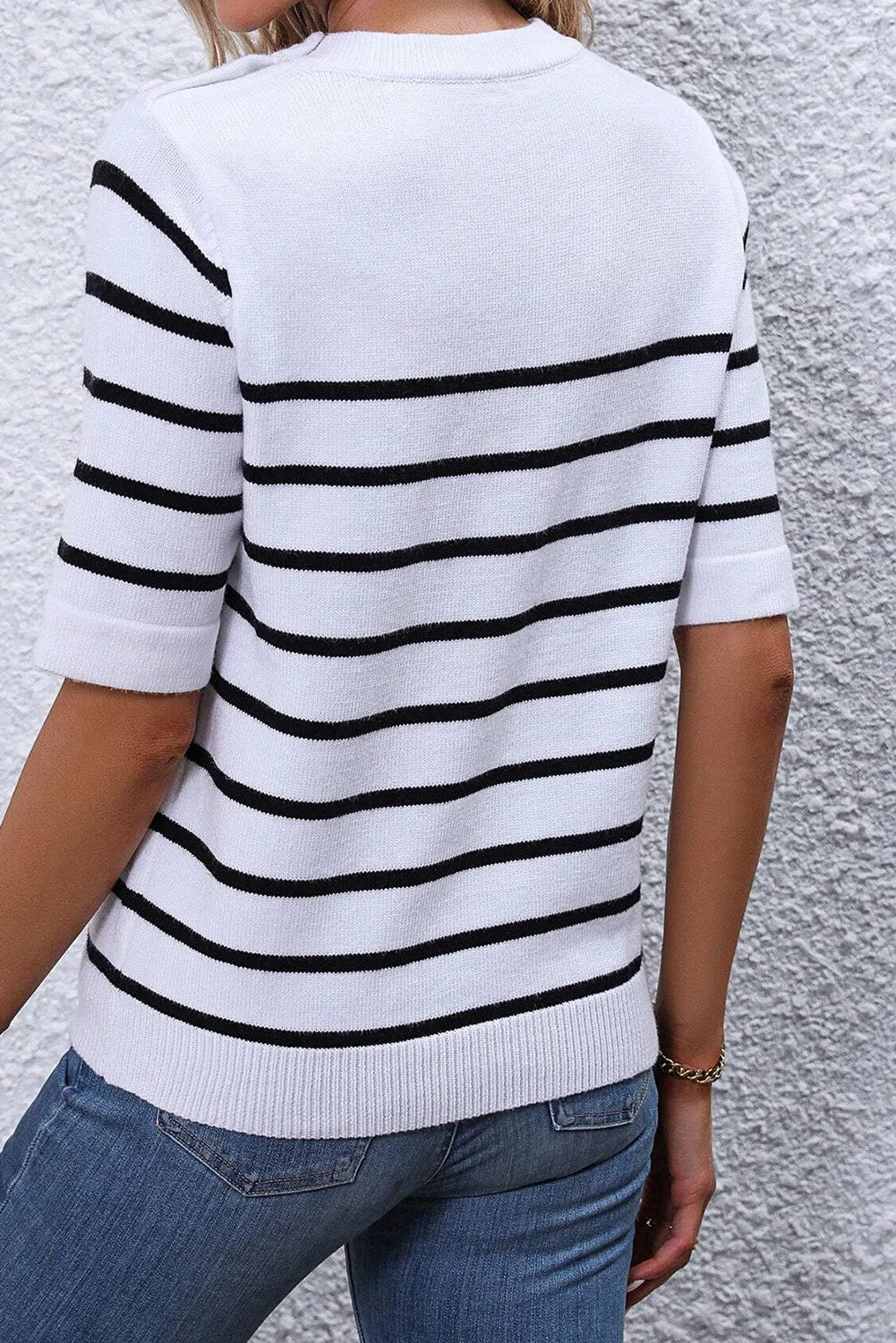White Stripe Half Sleeve Knitted Sweater Tee