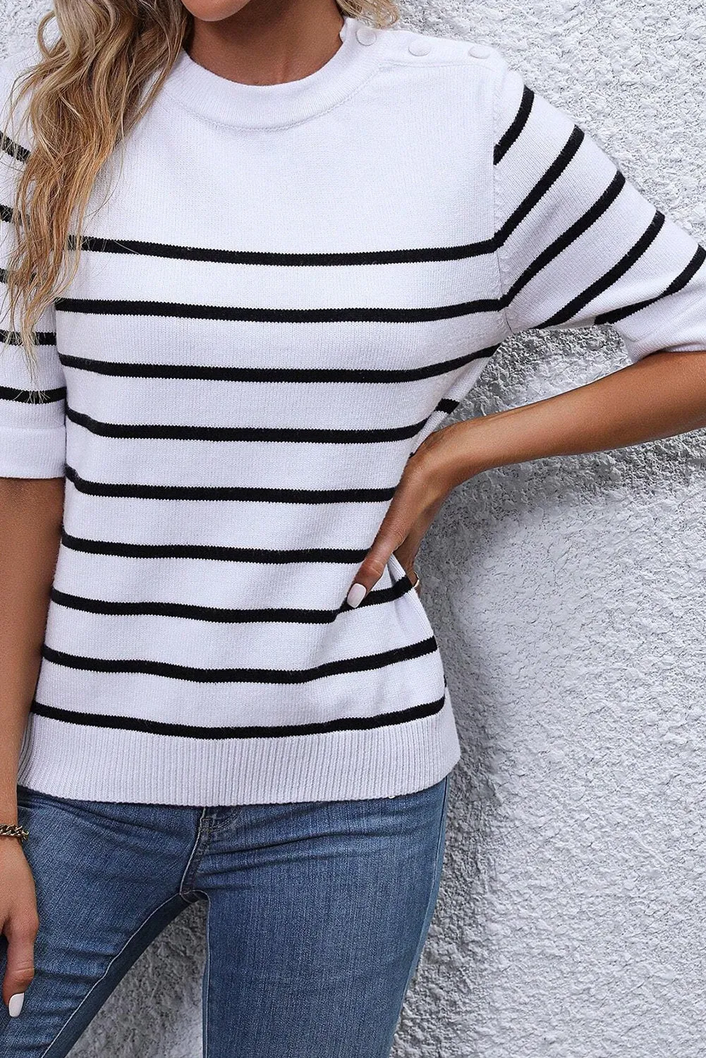 White Stripe Half Sleeve Knitted Sweater Tee