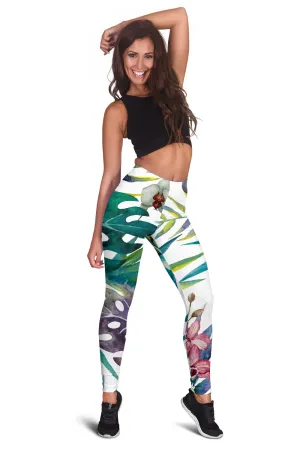 White Tropical Leaf Women's Leggings