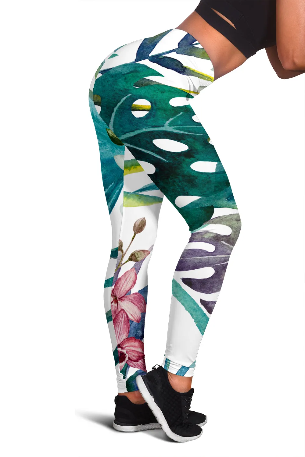 White Tropical Leaf Women's Leggings