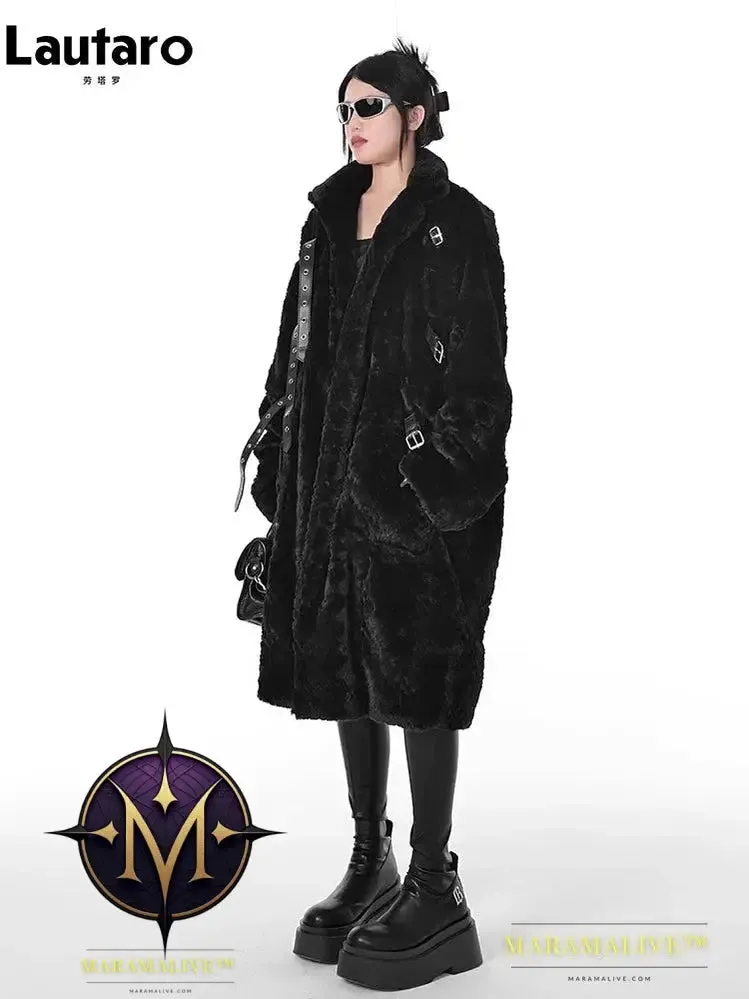 Winter Cool Long Loose Casual Soft Thick Warm Black Fuzzy Faux Fur Coat Women Stand Collar Punk Style Fluffy Jacket 2023