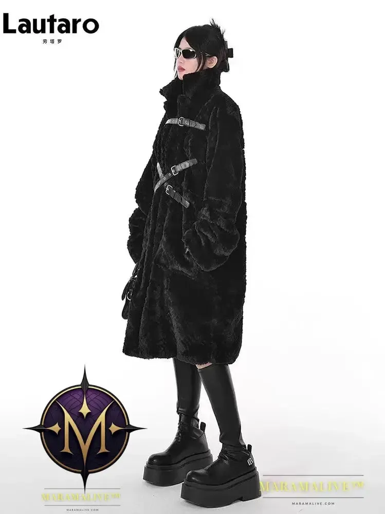 Winter Cool Long Loose Casual Soft Thick Warm Black Fuzzy Faux Fur Coat Women Stand Collar Punk Style Fluffy Jacket 2023
