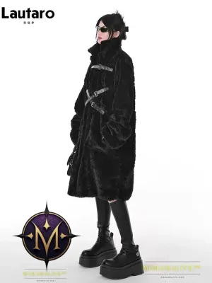 Winter Cool Long Loose Casual Soft Thick Warm Black Fuzzy Faux Fur Coat Women Stand Collar Punk Style Fluffy Jacket 2023