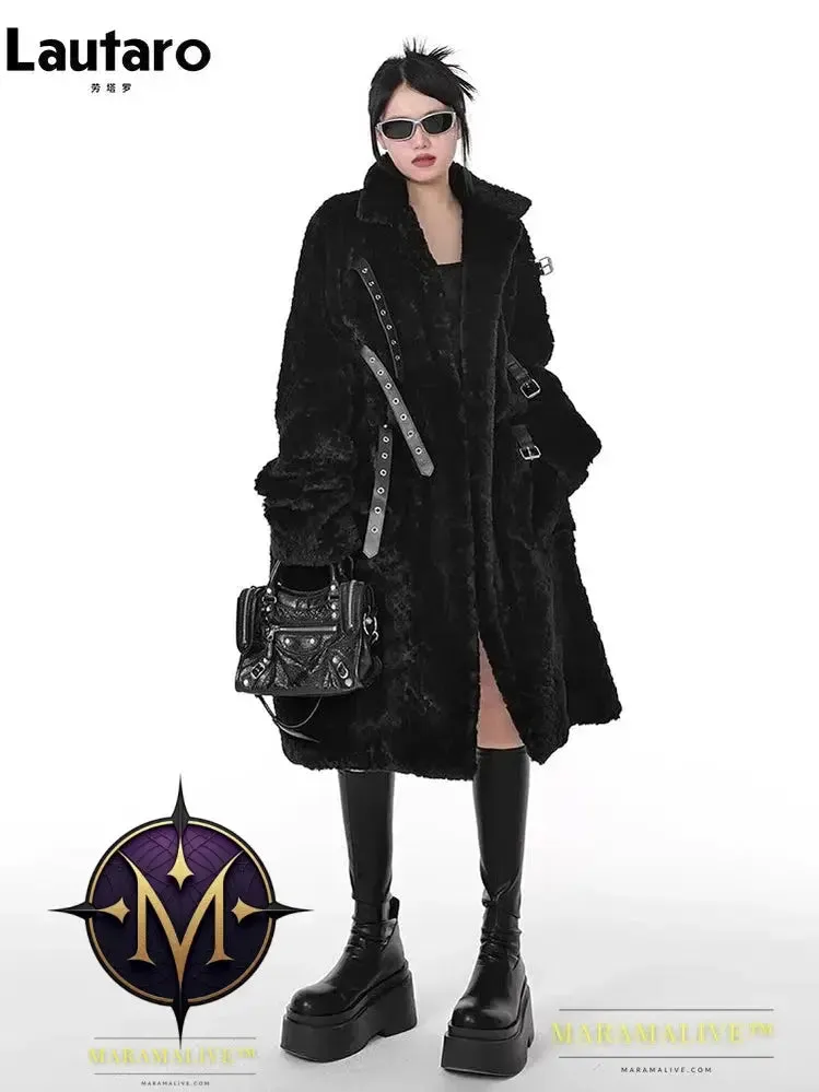 Winter Cool Long Loose Casual Soft Thick Warm Black Fuzzy Faux Fur Coat Women Stand Collar Punk Style Fluffy Jacket 2023