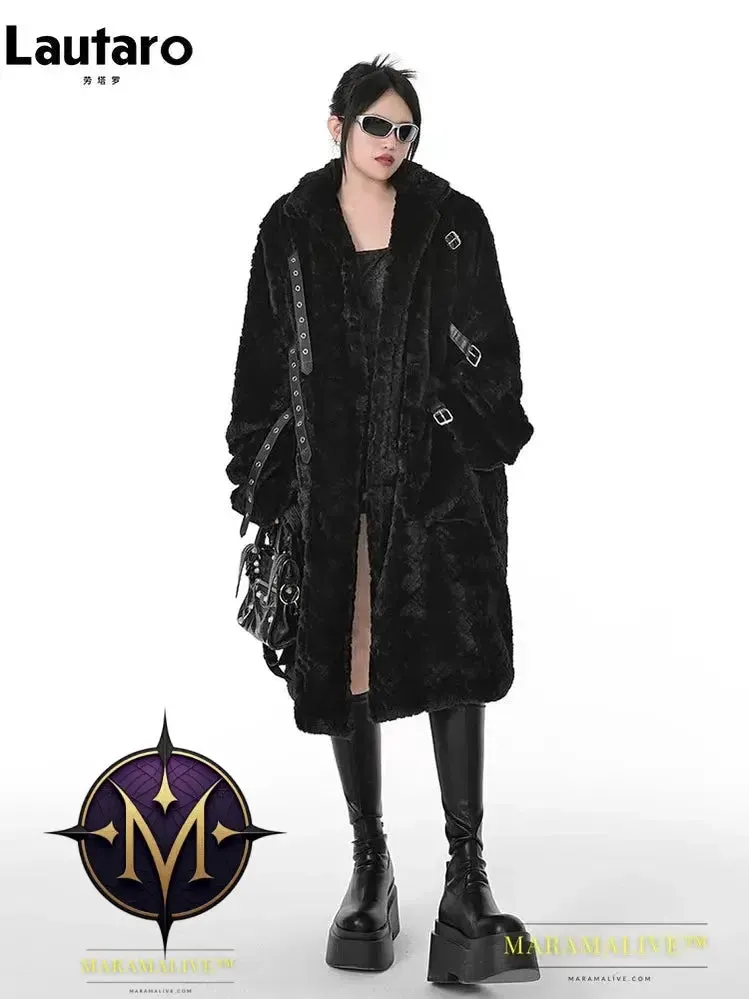 Winter Cool Long Loose Casual Soft Thick Warm Black Fuzzy Faux Fur Coat Women Stand Collar Punk Style Fluffy Jacket 2023