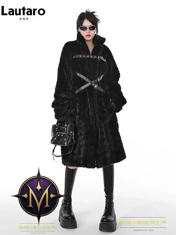 Winter Cool Long Loose Casual Soft Thick Warm Black Fuzzy Faux Fur Coat Women Stand Collar Punk Style Fluffy Jacket 2023