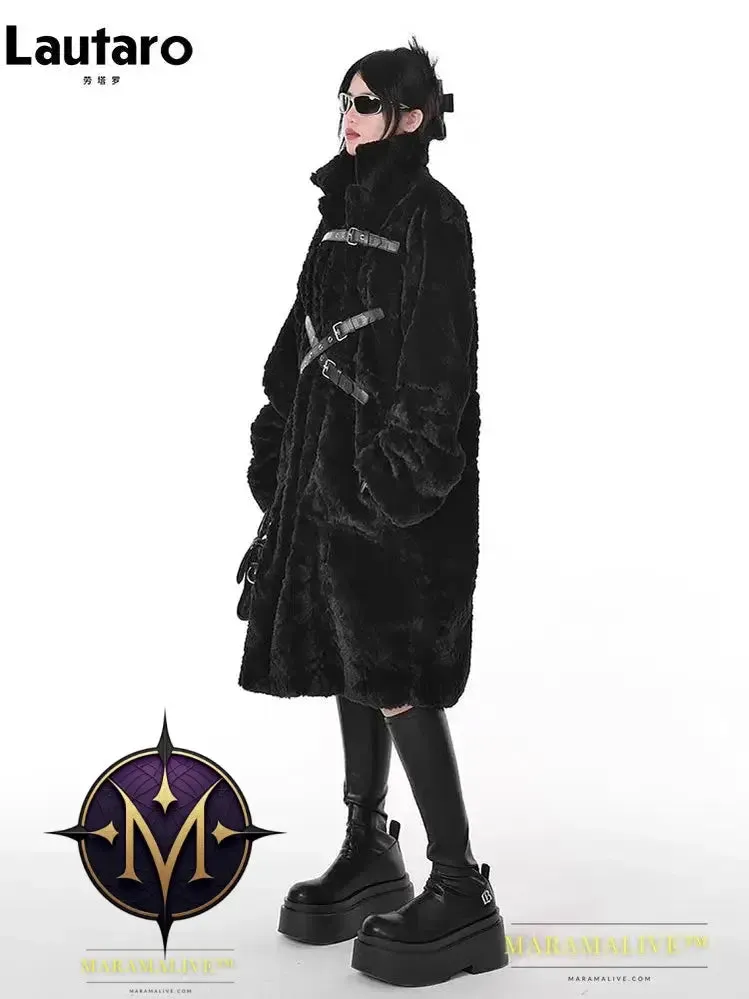 Winter Cool Long Loose Casual Soft Thick Warm Black Fuzzy Faux Fur Coat Women Stand Collar Punk Style Fluffy Jacket 2023