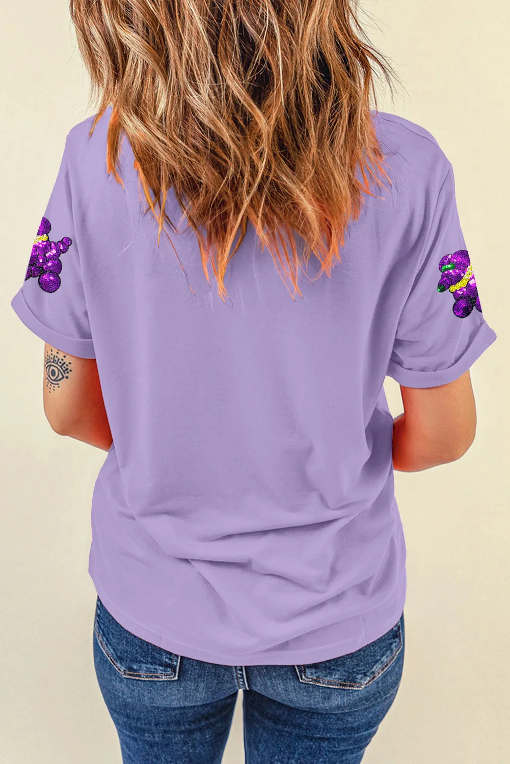Wisteria Sequin Balloon Puppy Graphic Mardi Gras Tee