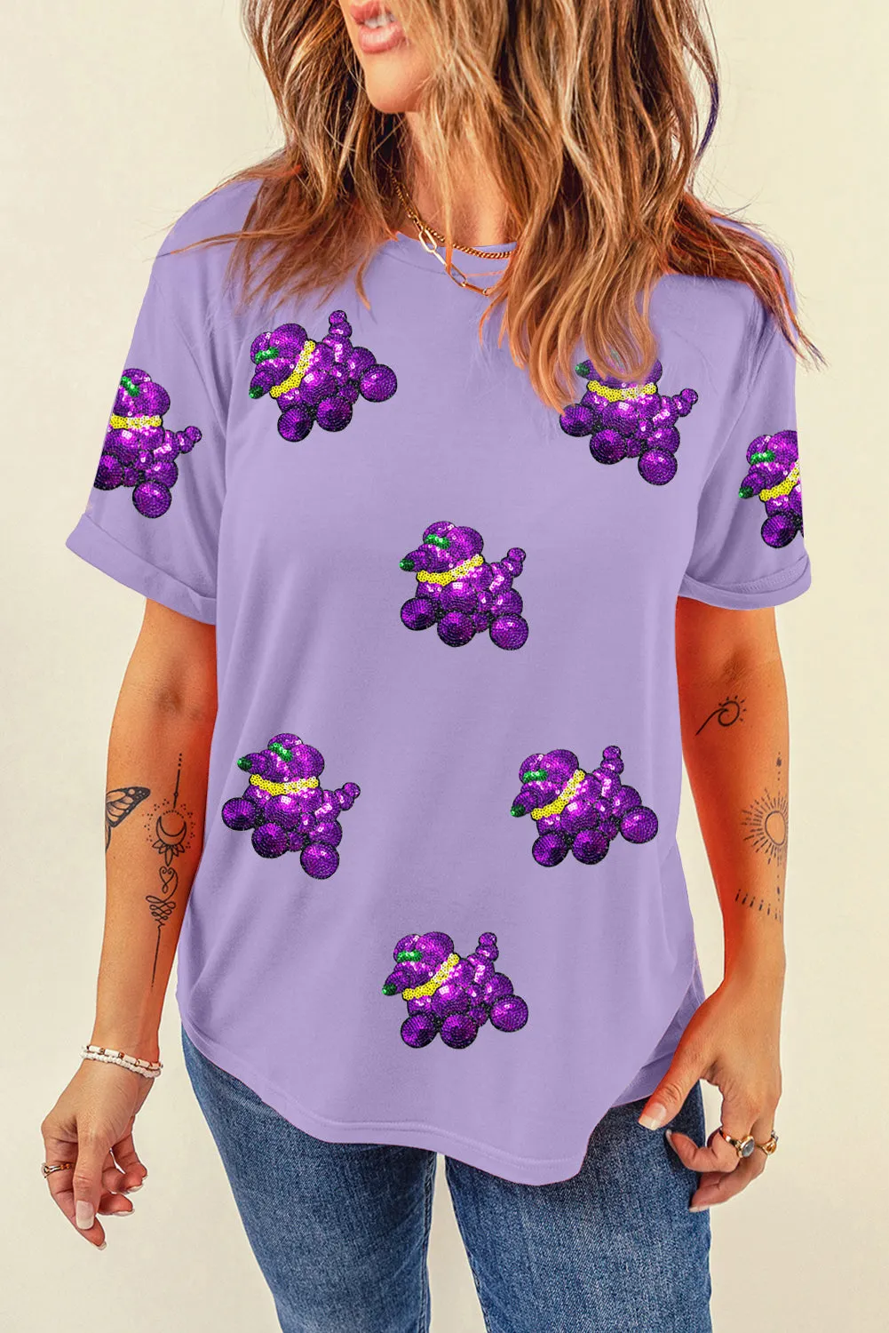 Wisteria Sequin Balloon Puppy Graphic Mardi Gras Tee