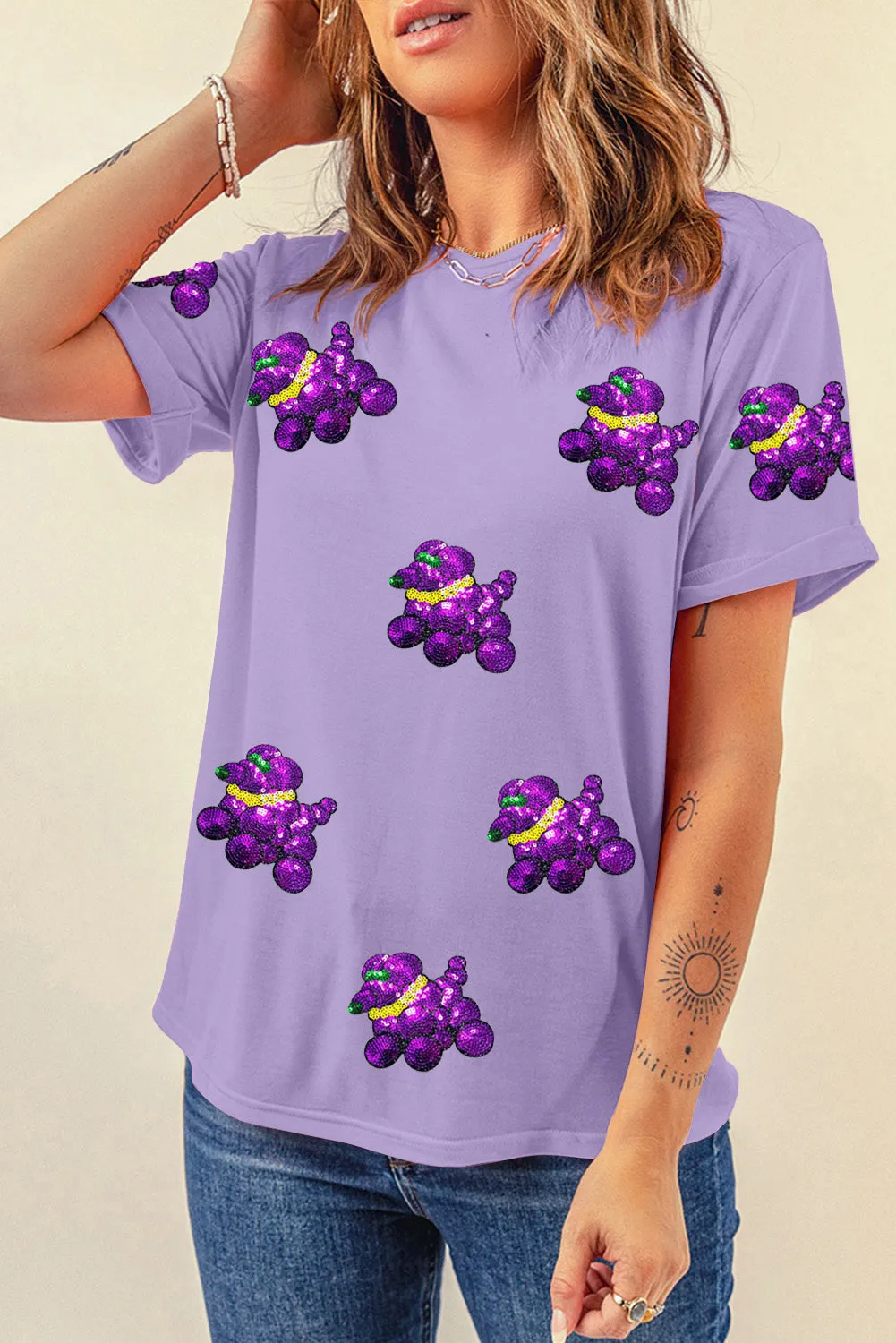 Wisteria Sequin Balloon Puppy Graphic Mardi Gras Tee